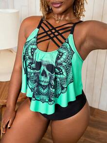 Slaydiva Zestaw tankini dla kobiet w dużych rozmiarach, z nadrukiem, prosty, codzienny, bez rękawów, na lato, na Halloween - Wielokolorowe - Zobacz 3