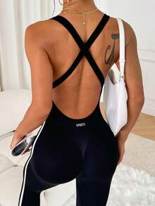 Dewbera 女式露背交叉带无袖性感运动连体裤 - 黑色 - 查看 5