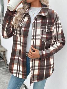EMERY ROSE Chaqueta de forro polar a cuadros casual para mujer, otoño/invierno - Camel - Ver 6