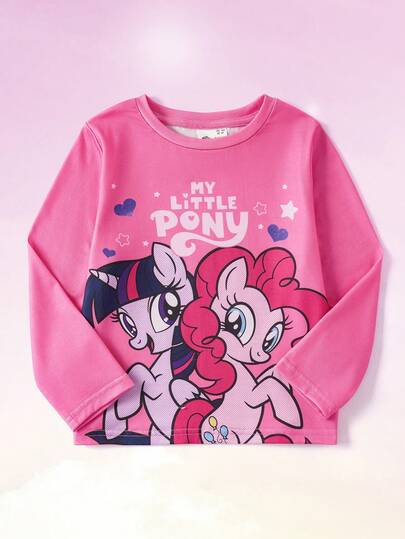 My Little Pony X SHEIN T-shirt à manches longues col rond avec motif de dessin animé pour jeune fille