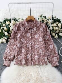 SHEIN LUNE 女士紫色和粉色提花面料长袖休闲通勤优雅复古衬衫 - 彩色 - 查看 3