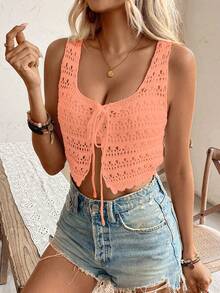 EMERY ROSE Women's Vacation Casual Solid Color Hollow Out Knit Top - Coral Orange - View 6