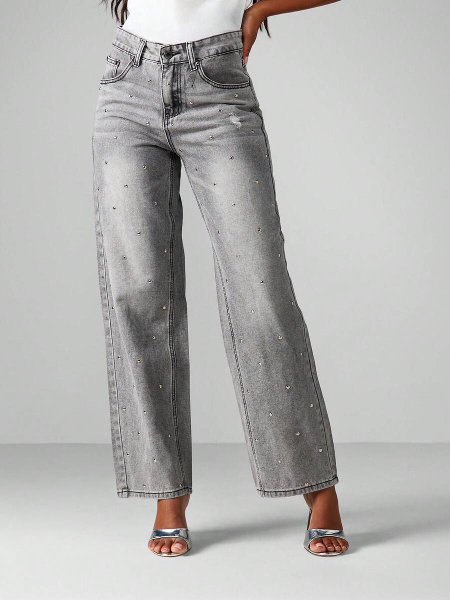 MISSGUIDED 饰有水钻细节的直筒牛仔裤，适合日常休闲穿着 - 灰色 - 查看 1