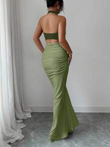 Elenzga 女式黑白拼色露背收腰鱼尾下摆优雅连衣裙，适合通勤和日常穿着 - 軍綠色 - 查看 2