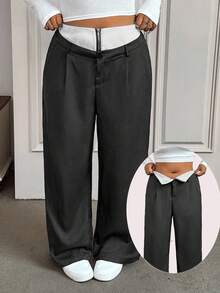 SHEIN EZwear Plus Size Women's Contrast Color Zipper Front Pockets Pleated Wide Leg Suit Pants - Black - View 3