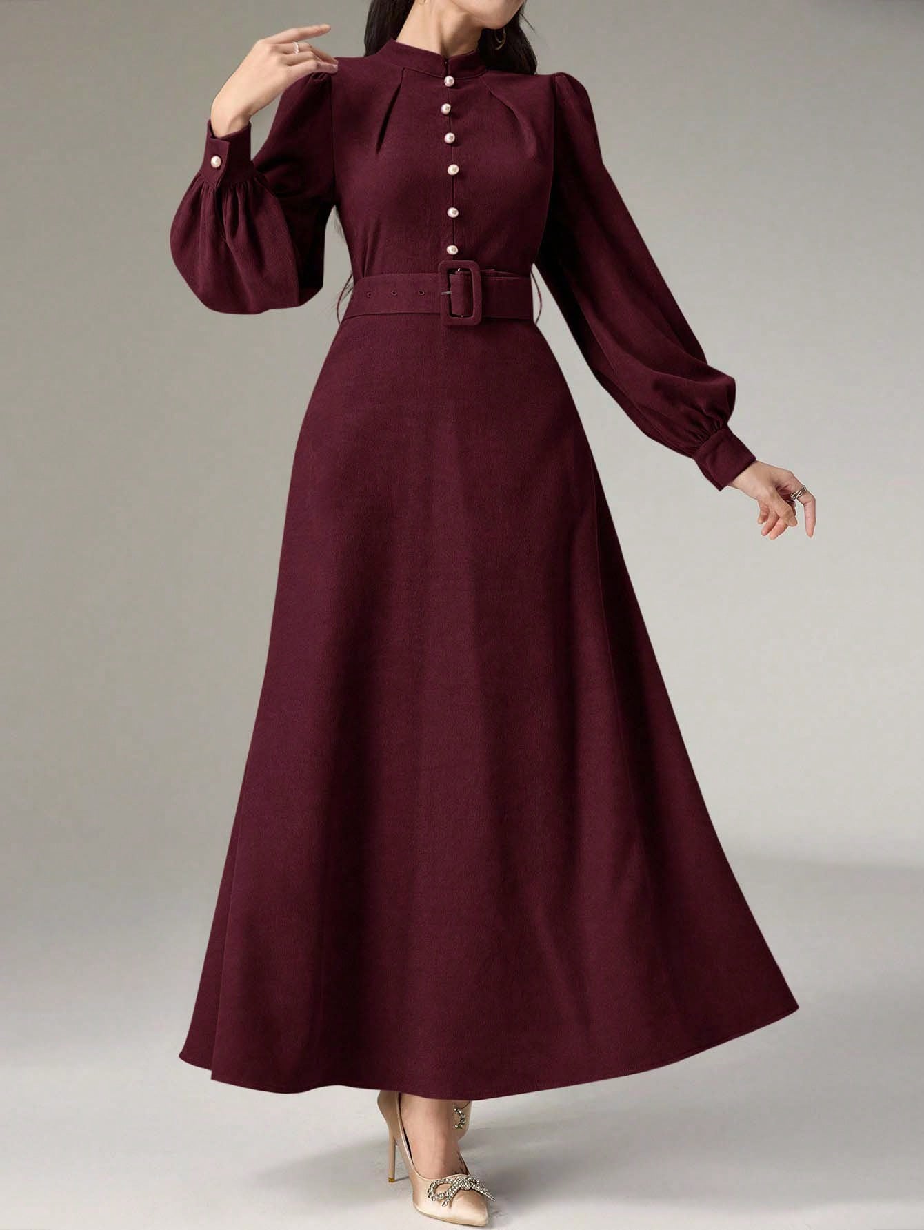 فستان أنيق باللون البرجندي للنساء مع أكمام فانوس و...