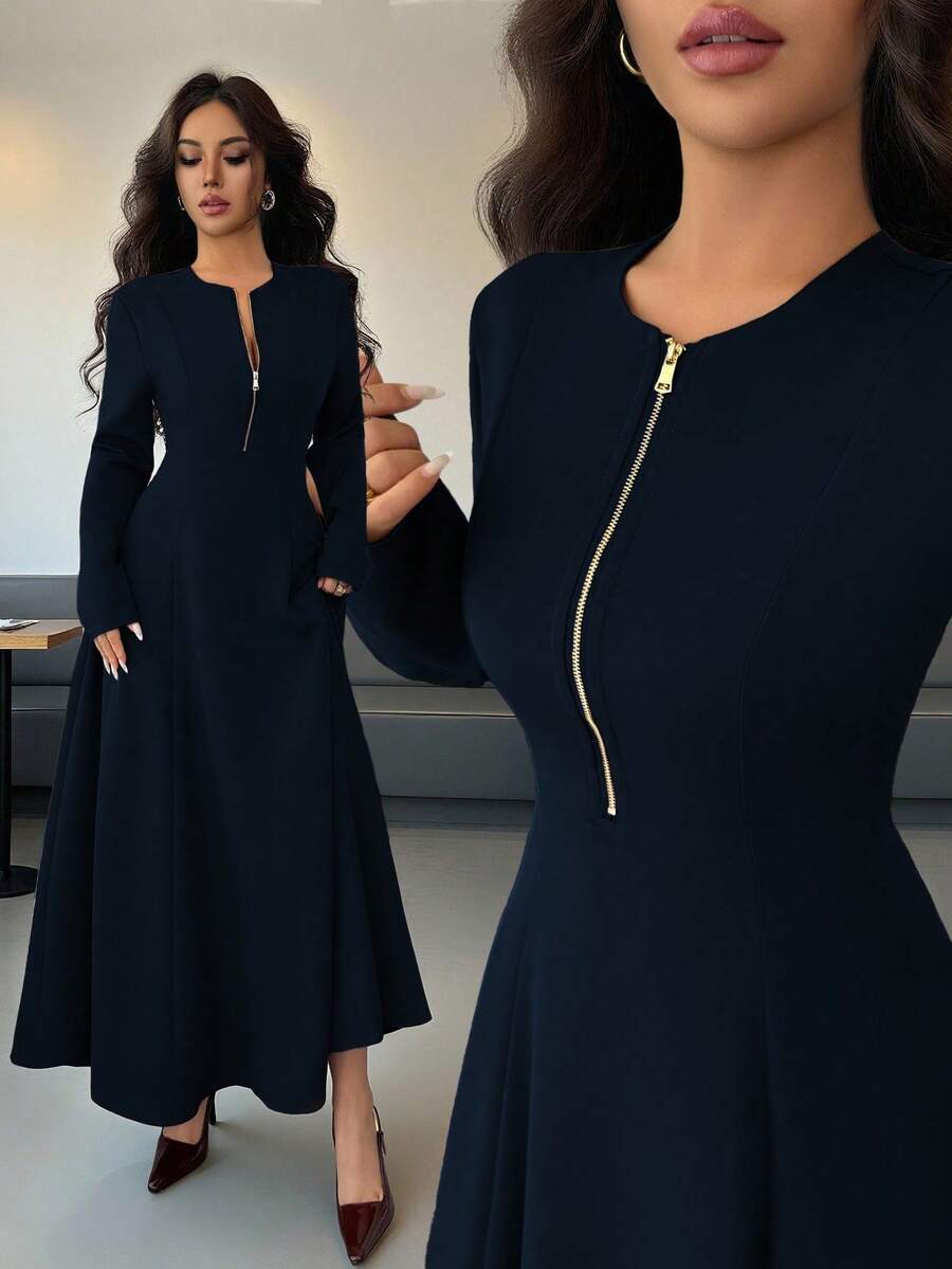 Elenzga Women's Elegant Coffee Brown Round Neck Front Zipper High-End Design Waist Fitted Flared Long Sleeve Midi Dress, Suitable For Commuting In Autumn - Navy Blue - View 1