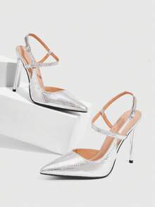 CUCCOO SZL Escarpins mode à texture de lézard argenté pour femmes, talons hauts à bout pointu avec bride à la cheville, chaussures sexy pour soirée - Argent - Voir 4