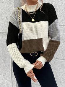 EMERY ROSE Casual Color Block Drop Shoulder Stand Collar Sweater, Autumn/Winter - Multicolor - View 3