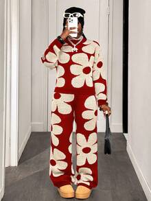 BamGleam 2pcs Women Floral Pattern Knitted Sweater And Pants Set - Red - View 3