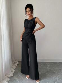 Elenzga 女式雪纺露背不对称抽绳下摆上衣 + 阔腿裤 2 件套 - 黑色 - 查看 5