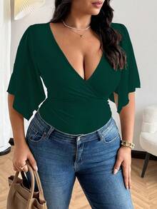 Vionelle Distinctive Sexy Criss-Cross V-Neck Short Sleeve T-Shirt For Women, Summer Design Minimalist Ruched Waist Niche Crop Top Dark Green Top Green Green Top Women Emerald Green Emerald Green Top - Dark Green - View 5