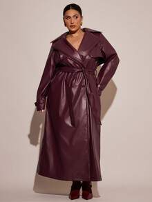 SHEIN BAE Plus Size Fashionable PU Leather Notched Collar Double-Breasted Windbreaker, Autumn, Winter , Winter For Women Curve, Autumn , Fall For Women Curve, Halloween Costumes, Christmas Women's , New Year For Women Curve, Thanksgiving For Women Curve, PU Leather Windbreaker Long Windbreaker Windproof Cold-Proof Warm