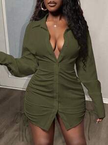 Slaydiva 新款优雅性感日常约会长袖翻领抽绳聚拢衬衫裙两边迷你超短裙白色女装迷你连衣裙-Z - 軍綠色 - 查看 1