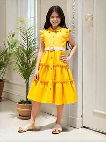 Tween Girl Ruffled Collar Midi Dress With Woven Waist Belt,Holiday,Summer,Travel - Yellow - View 5