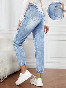 EMERY ROSE Plus Size Women High Waist Pockets Distressed Straight Leg Casual Jeans - Blue - View 2