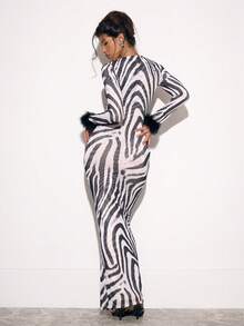 MUSERA Zebra Print Mesh Feathered Trim Fitted Long Sleeve Maxi Long Dress Autumn Fall Halloween S Night Out Party Sexy Elegant Chic Summer - Multicolor - View 4