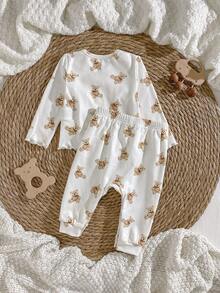 Loomiva Newborn Baby Girl Cartoon Bear Pattern Knitted Soft Crew Neck Raglan Long Sleeve Top And Elastic Waist Long Pants 2-Piece Set Baby Teddy Bear Outfit Neutral Baby Clothes Unisex - Multicolor - View 4