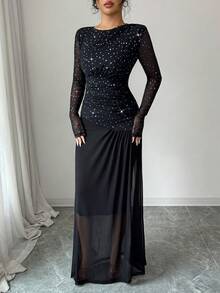 Islaluna Vestido de manga larga elegante con empalme en la cintura, tejido elástico fruncido acanalado y parche de tela de malla transparente, tela de malla de unicolor, negro, otoño/invierno