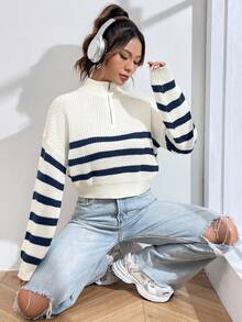 SHEIN Unity Suéter holgado y casual de mujer con rayas, manga larga de hombro caído, media cartera y cremallera, para otoño/invierno - Multicolor - Ver 7