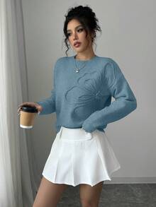 Elenzga Suéter de cuello redondo para mujer con estampado floral y unicolor - Neblina azul - Ver 3
