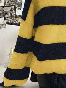 Lalippa Áo len dáng rộng cổ chữ V, vai trễ, họa tiết sọc cho nữ, mùa thu/đông - Nhiều màu - Xem 3