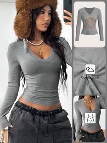 Coolane 女式秋冬街头服饰文艺复兴博览会基本款罗纹针织保暖/寒冷天气/保暖弹力长袖 V 领 T 恤 - 灰色 - 查看 6