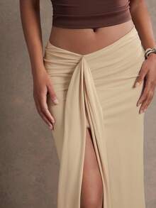 L'Amorae Women Draped Skirt With Slit In Soft Jersey Knit - Apricot - View 5