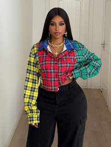 Maweii 大码女式拼色格子纽扣短袖衬衫，休闲街头服饰 - 彩色 - 查看 4