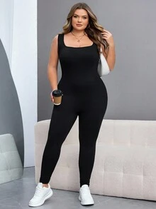 SHEIN CURVE+ Damen Jumpsuit in Große Größen, schwarz, ärmelos, rückenausschnitt, figurbetonend - Schwarz - Übersicht 8