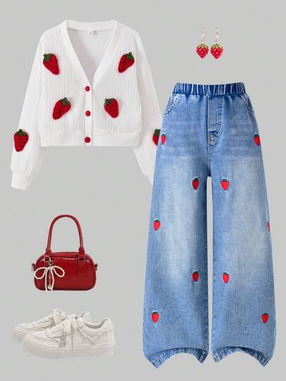 Sparklyn קרדיגן סריג רחב וינטג' מתוק עם צווארון V ורקמה בצבע תות + מכנסי ג'ינס רחבים עם גזרה ישרה ורקמה בצבע תות