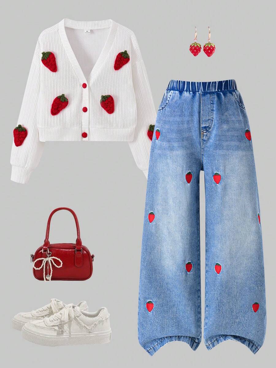 SHEIN Tween Girls Fall Outfits Fall Tops 2pcs/Set Vintage Sweet Strawberry Embroidered V-Neck Loose Knit Cardigan + Loose Straight Leg Stra... - Multicolor - View 1