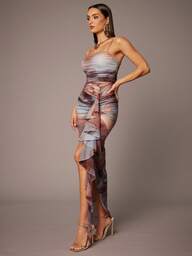 Silquee Elegant Women's Tie-Dye Print Ruffle Hem Bodycon Cami Dress, Suitable For Valentine's Day, Date Night, Vacation, Beach, Music Festival, Spring/Summer, Daily Date, Nightclub Party, Gathering