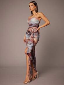 Silquee 优雅女士扎染印花荷叶边下摆紧身吊带连衣裙，适合情人节、约会之夜、度假、海滩、音乐节、春夏季、日常约会、夜总会派对、聚会 - 彩色 - 查看 1