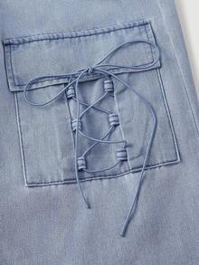 SHEIN MOD Women's Cargo Pocket Tie-Up Design Wide Leg Loose Casual Jeans