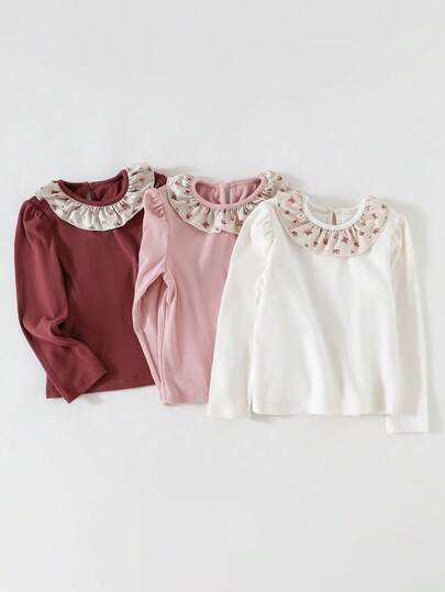 SHEIN Vintaside Kids 3pcs/Set Girls Undershirt, Comfortable Ribbed Fabric With Floral Patchwork Collar And Puff Sleeves Cute Tops Girls Shirts Multipack Girls Tops Pink Girls Long Sleeve Tops Girls Blouses Kid Girl Solid Color Shirts Little Girl Tops