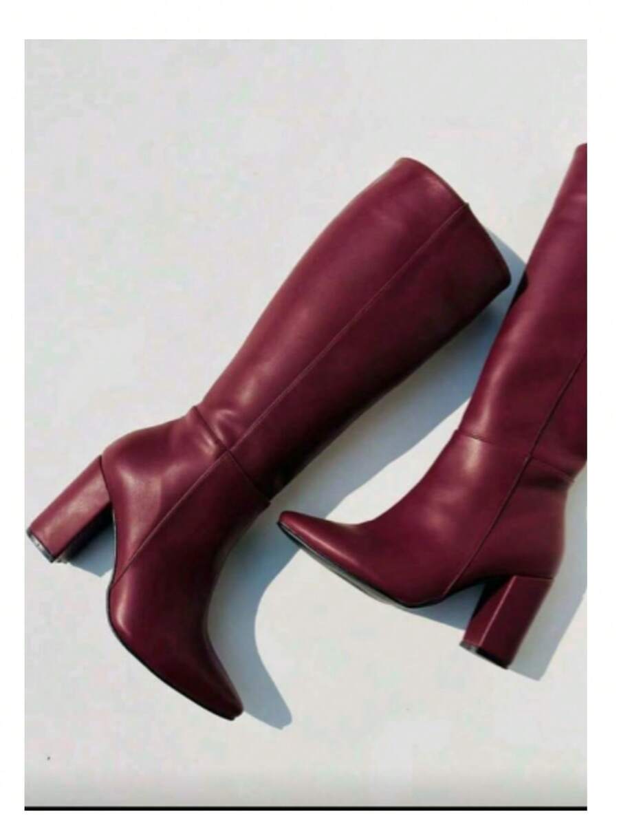 Botas altas de mujer estilo minimalista, punta fina, tacón grueso, para oficina y moda urbana - Burdeos - Ver 1