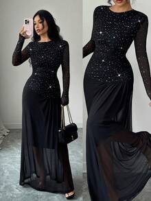 Islaluna Vestido de manga larga elegante con empalme en la cintura, tejido elástico fruncido acanalado y parche de tela de malla transparente, tela de malla de unicolor, negro, otoño/invierno