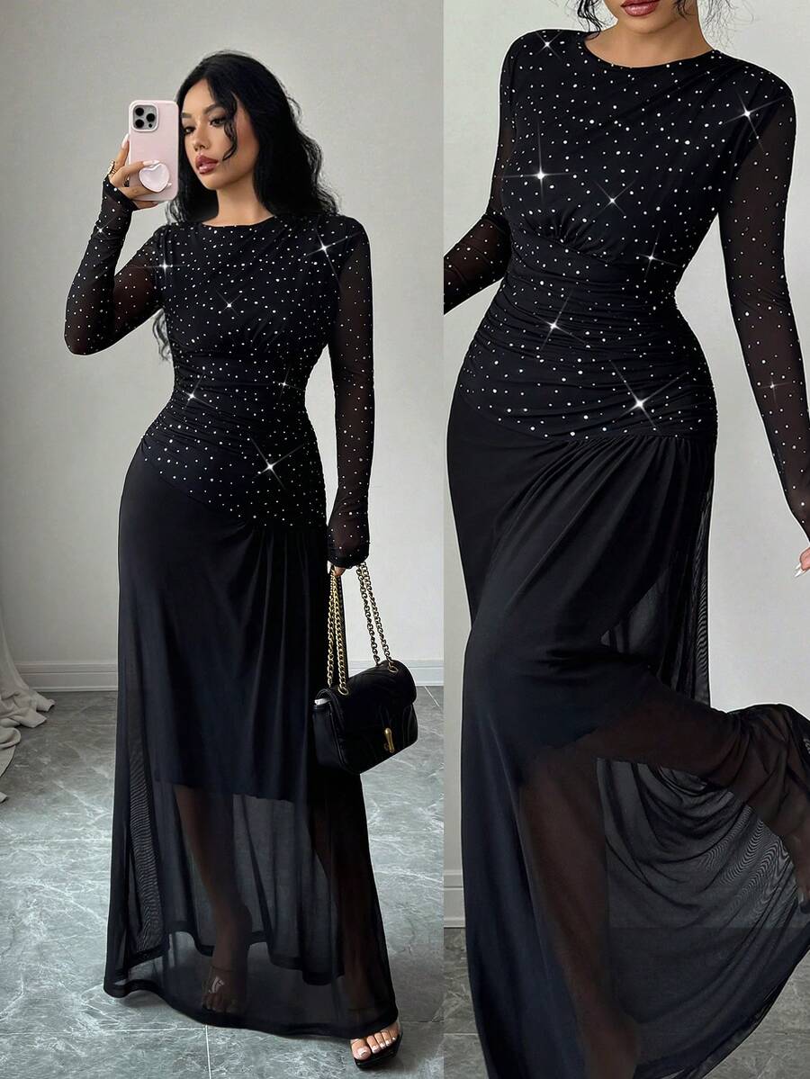 Islaluna Vestido de manga larga elegante con empalme en la cintura, tejido elástico fruncido acanalado y parche de tela de malla transparente, tela de malla de unicolor, negro, otoño/invierno