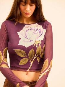 lacRébo 秋冬款黑色透明网眼长袖上衣，饰有大玫瑰印花 - 黑色 - 查看 4