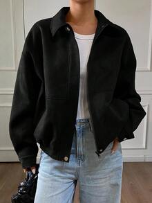 DAZY Loose Casual Brown Short Jacket Coat, Autumn/Winter - Black - View 3