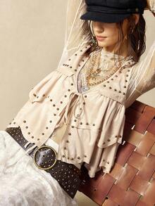 Bohemela Áo ba lỗ buộc dây phía trước đính cườm dệt thường ngày cho nữ - Màu be - Xem 5