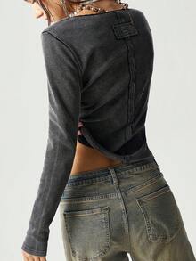 Bohemela Women's Casual Solid Color Knit Sweetheart Neck Long Sleeve Fitted Washed T-Shirt - Black - View 7