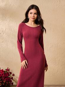 Vestido ajustado de manga larga con lazo decorativo en la espalda, unicolor, para adolescentes - Burdeos - Ver 6