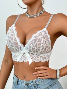 SHEIN 1pc Women's Lace Bow Decor Wireless Bra Lingerie Bra - White - View 5