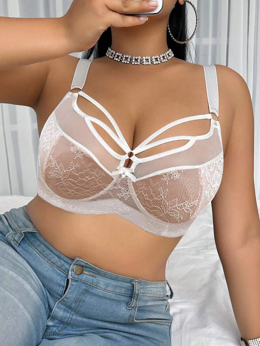 SHEIN 1pc Plus Size Lace Patchwork Underwire Bra, Lift - White - View 1