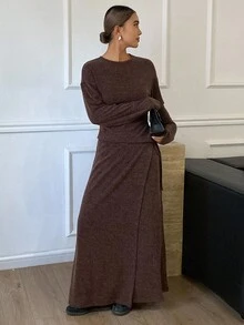 DAZY Women's Casual Round Neck Waist Top And Long Skirt 2 Pieces Set, Autumn Lounge Sets For Women - Coffee Brown - View 4