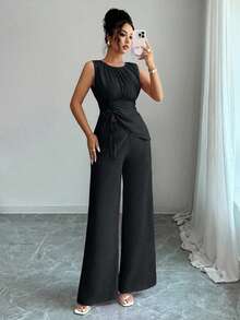 Elenzga 女式雪纺露背不对称抽绳下摆上衣 + 阔腿裤 2 件套 - 黑色 - 查看 4