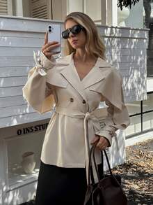 Elyressa A Lady Weaves An Elegant And Casual Autumn Trench Coat - Apricot - View 3
