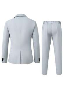 Manfinity Mode Ensemble veste de costume et pantalon à revers entaillés, décoré d'un mouchoir de poche, coupe simple boutonnage, gris clair pour hommes - Gris pâle - Voir 2